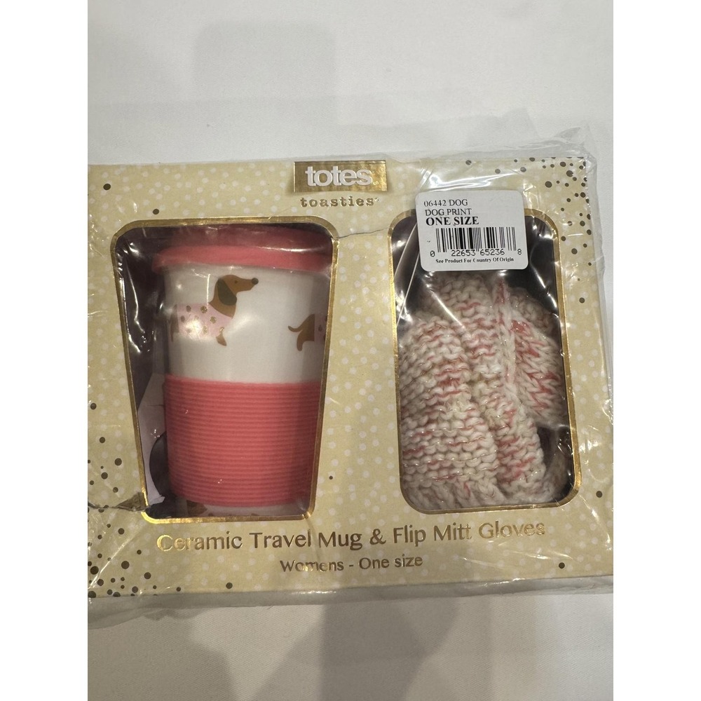 Totes Toasties Dog Print Travel Mug & Flip Mitt Gloves Set Womens One‎ Size NWT